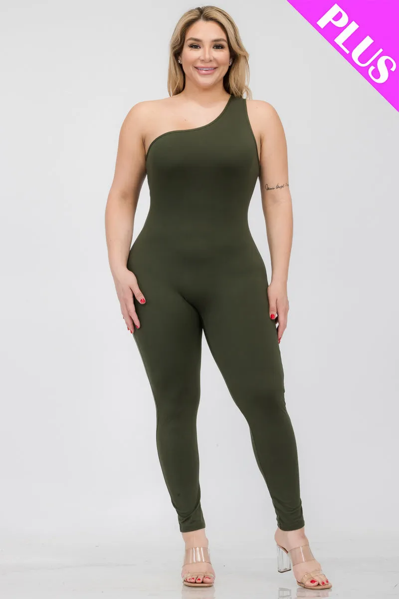 Plus Size Solid Color One Shoulder Jumpsuit (CAPELLA)