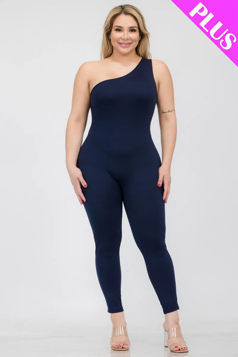 Plus Size Solid Color One Shoulder Jumpsuit (CAPELLA)