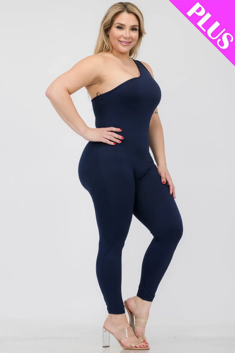 Plus Size Solid Color One Shoulder Jumpsuit (CAPELLA)
