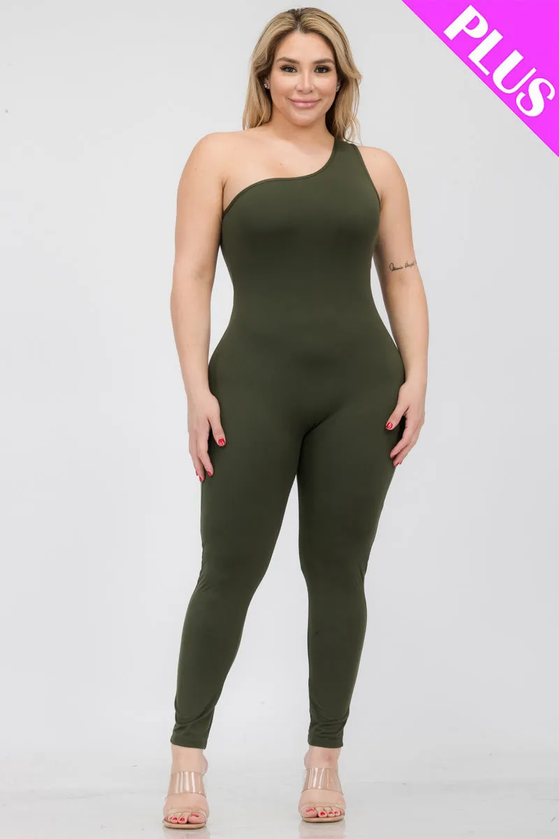 Plus Size Solid Color One Shoulder Jumpsuit (CAPELLA)
