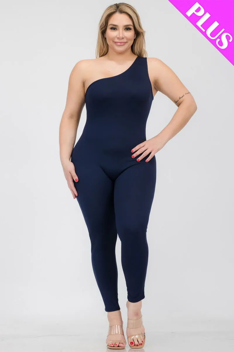 Plus Size Solid Color One Shoulder Jumpsuit (CAPELLA)