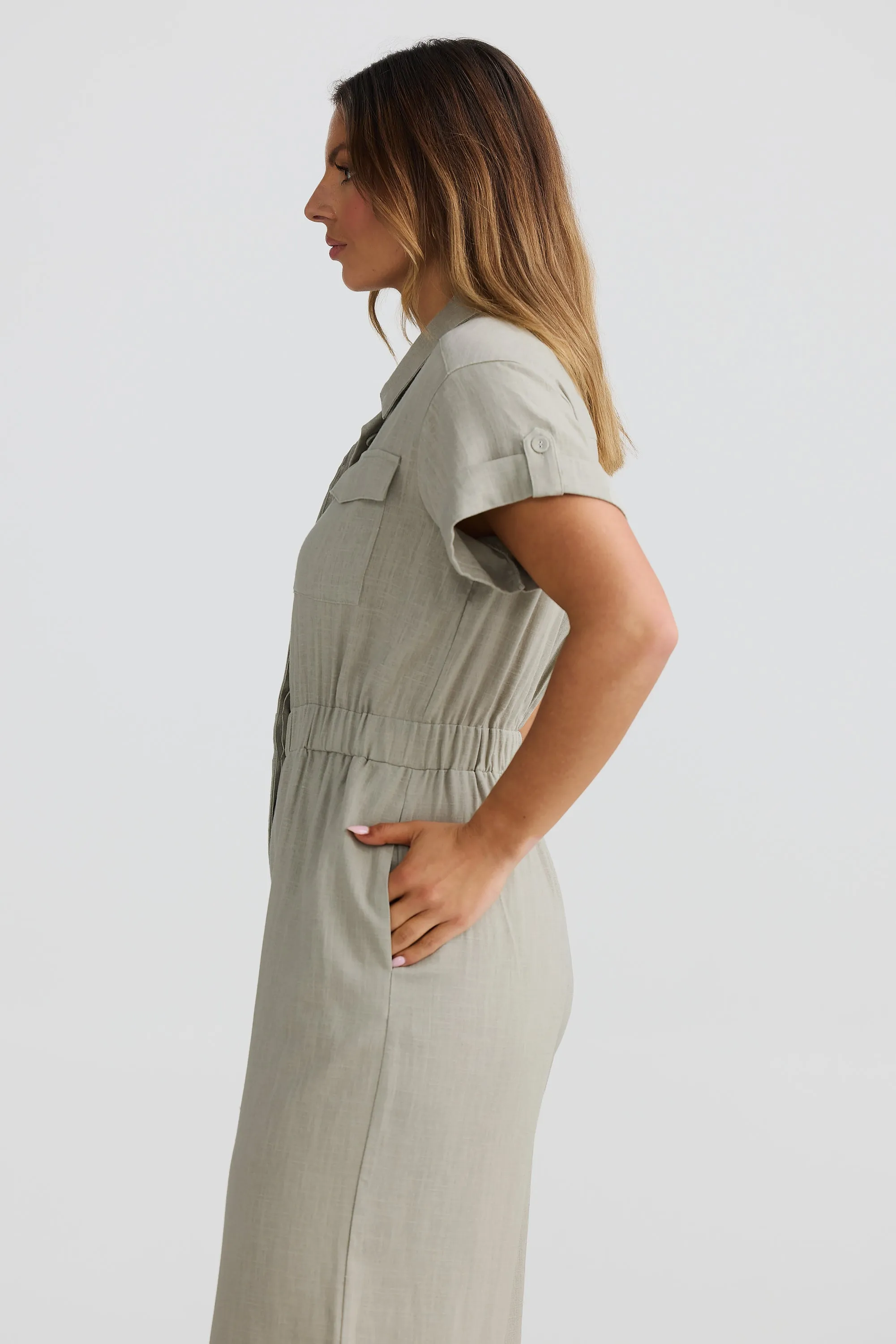 Pocket Short Sleeve Jumpsuit - Stone