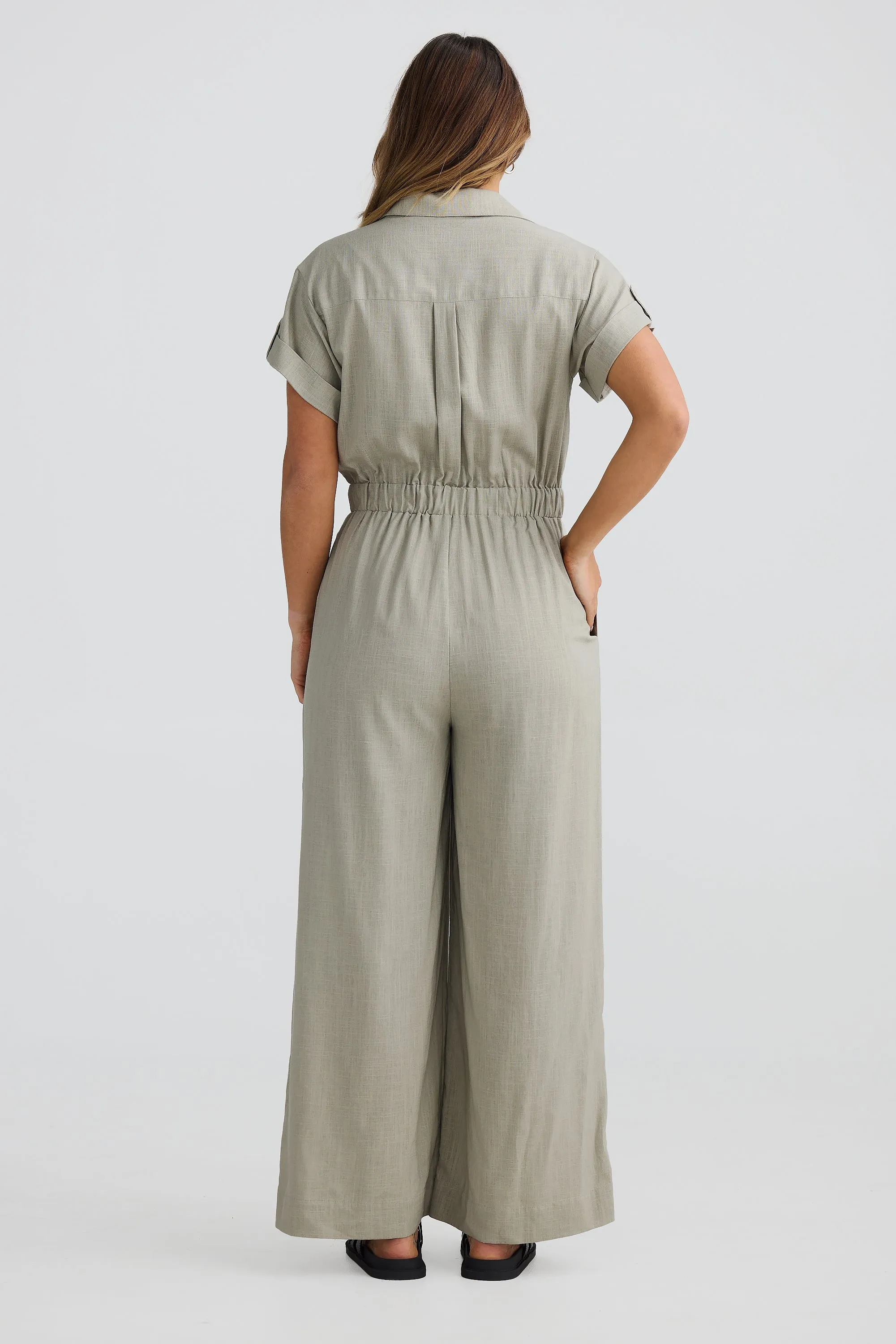 Pocket Short Sleeve Jumpsuit - Stone