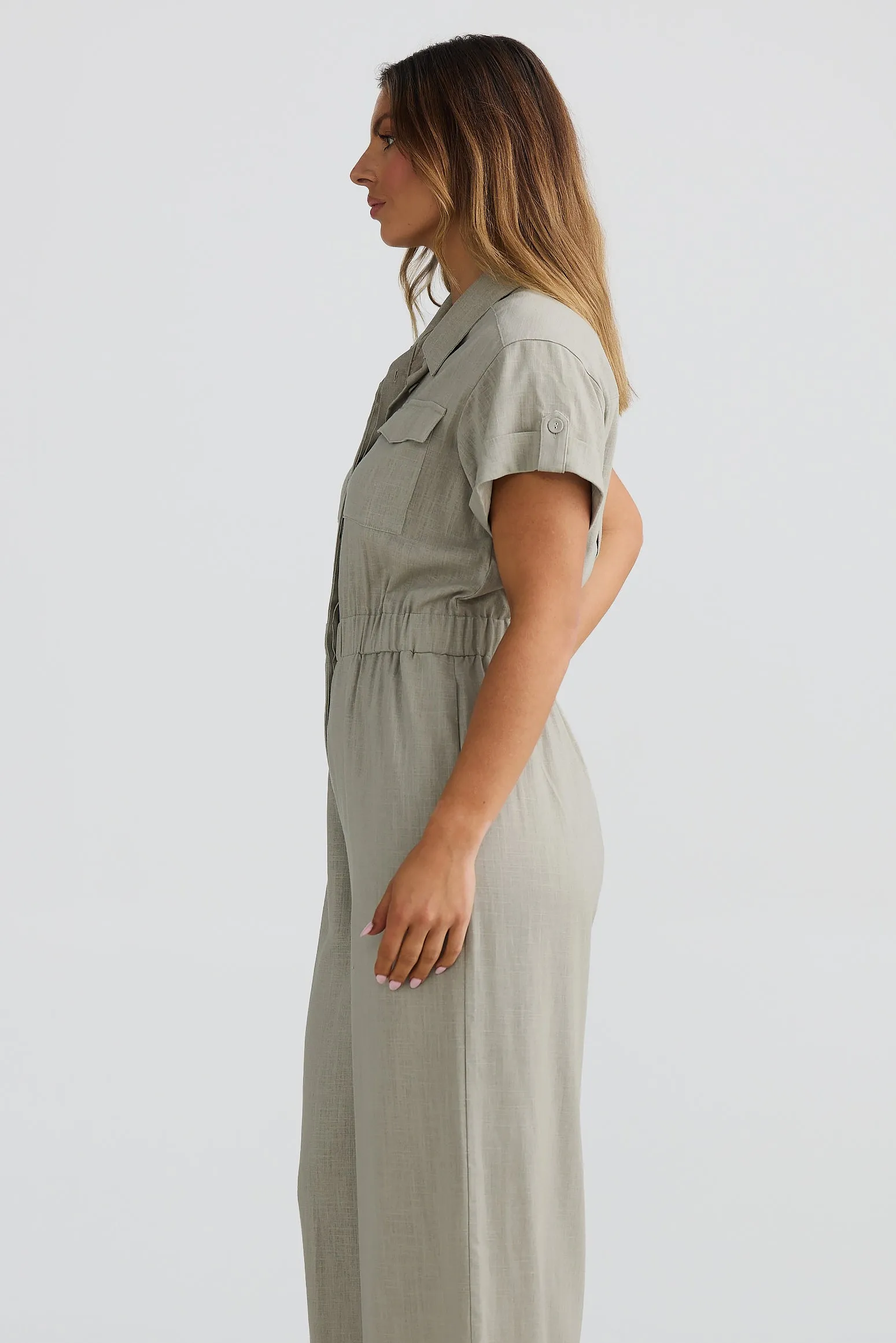 Pocket Short Sleeve Jumpsuit - Stone