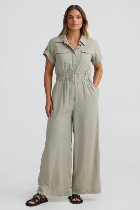 Pocket Short Sleeve Jumpsuit - Stone