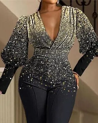 Print Puff Lantern Sleeve High Waist Jumpsuit