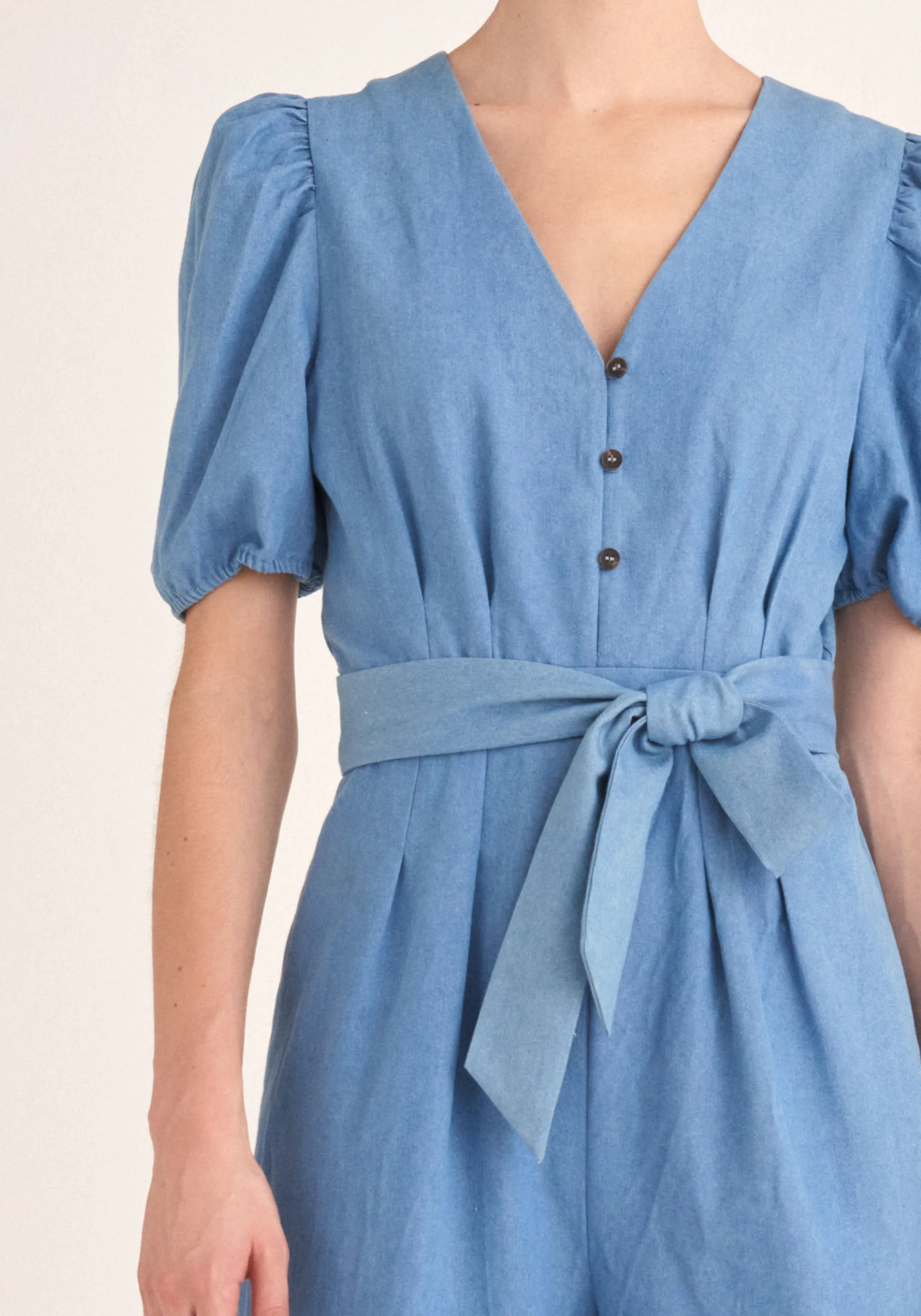 Puff Sleeve Denim Jumpsuit