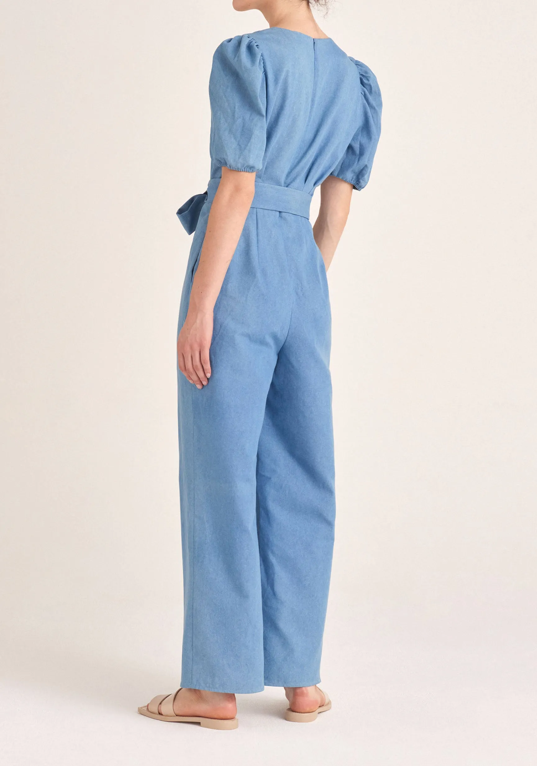 Puff Sleeve Denim Jumpsuit