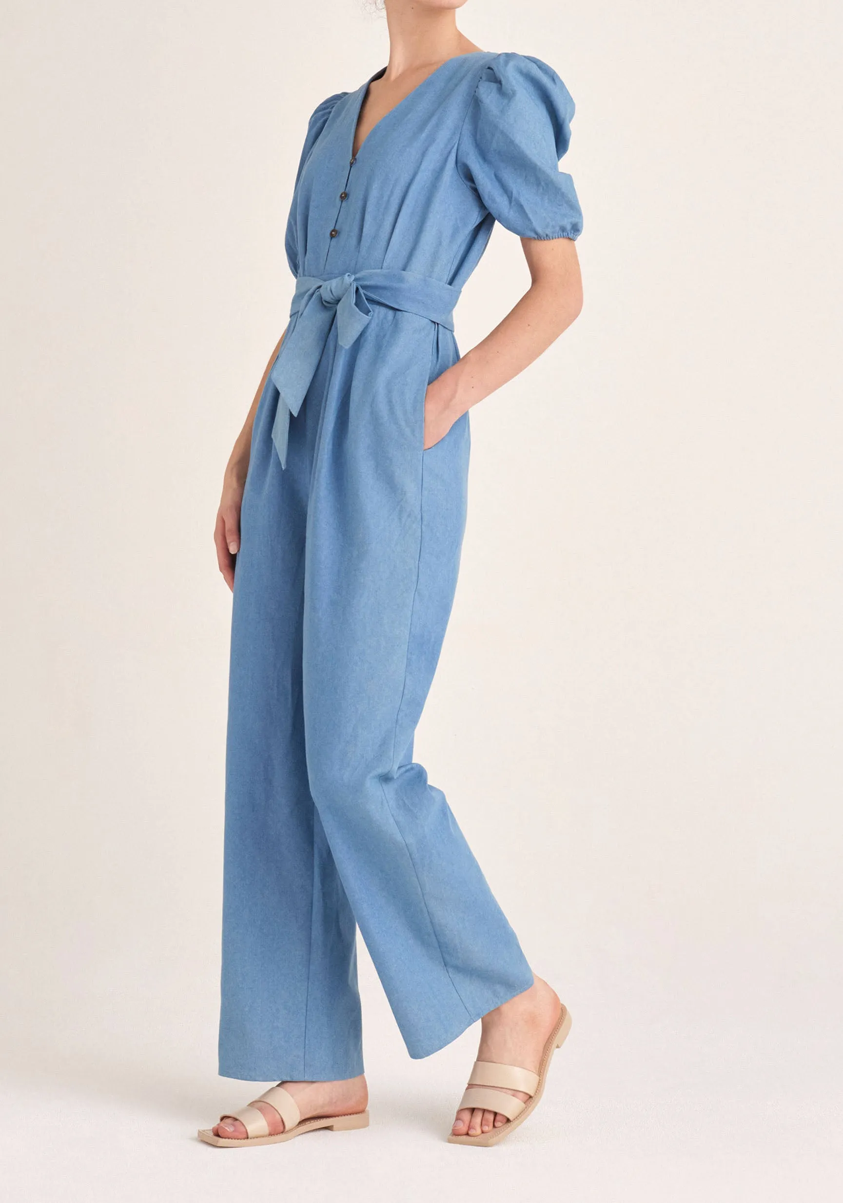Puff Sleeve Denim Jumpsuit