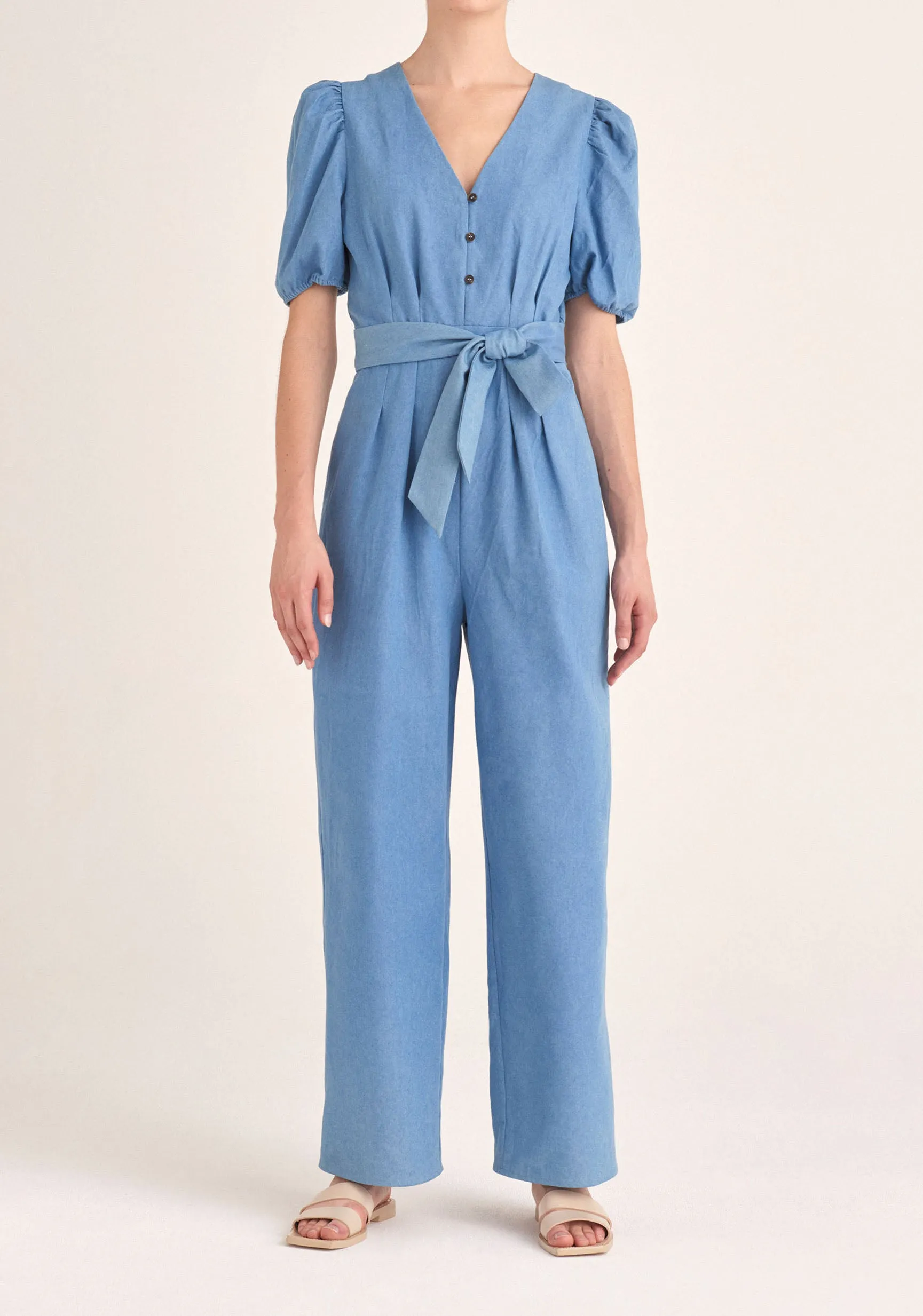 Puff Sleeve Denim Jumpsuit