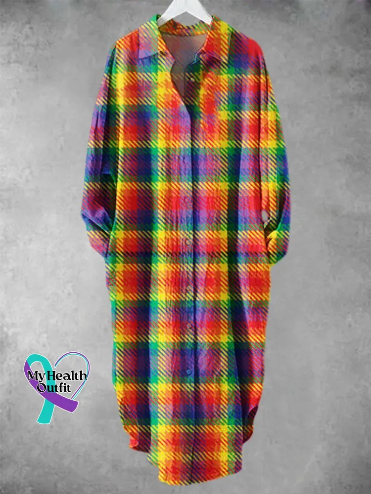 Rainbow Gradient Plaid Art Print Cotton And Linen Long Shirt Dress