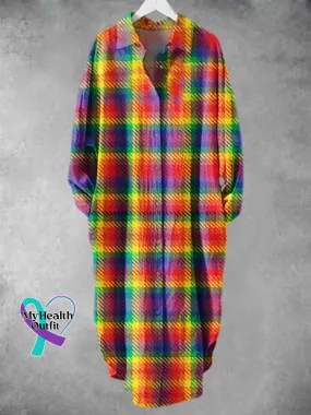 Rainbow Gradient Plaid Art Print Cotton And Linen Long Shirt Dress