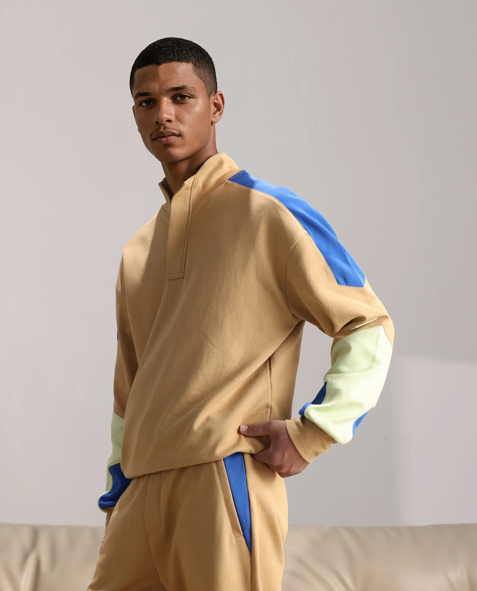Rare Rabbit Men Armo-1 Dusky Beige Full Sleeve Hooded Plain Sweatshirt