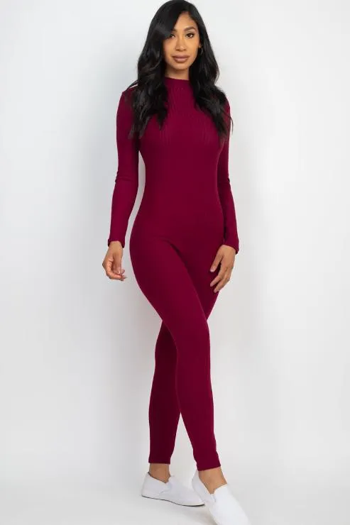 Ribbed Mock Neck Long Sleeve Casual Jumpsuit