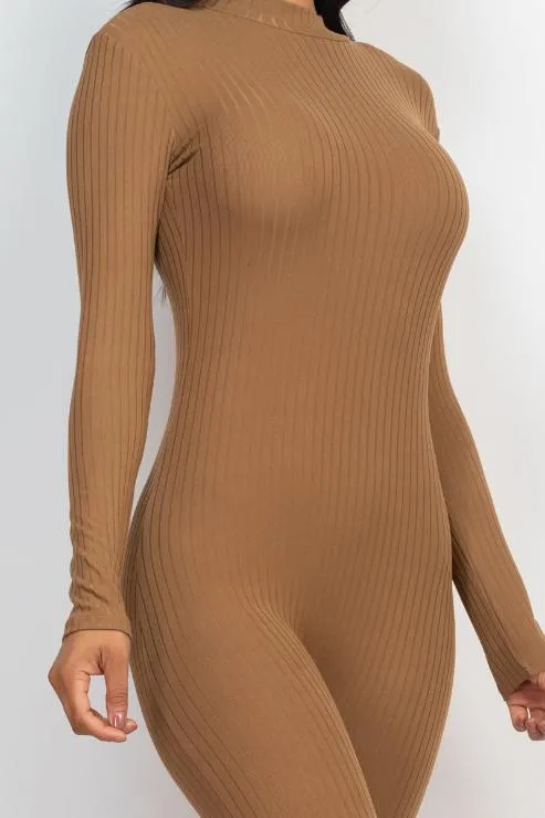 Ribbed Mock Neck Long Sleeve Casual Jumpsuit