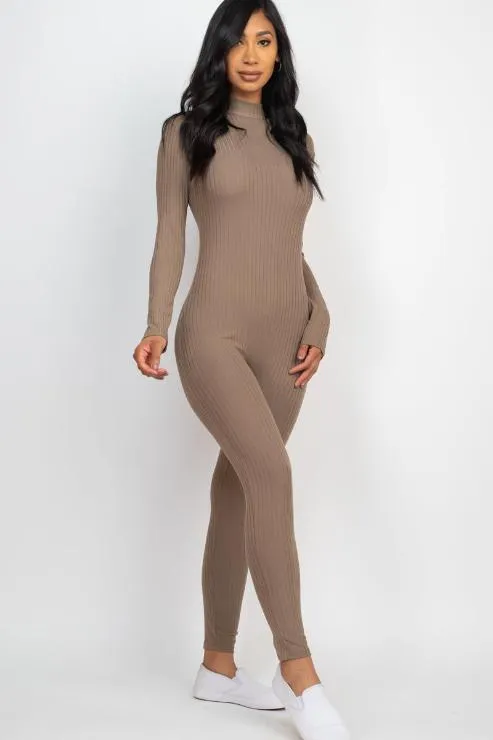 Ribbed Mock Neck Long Sleeve Casual Jumpsuit