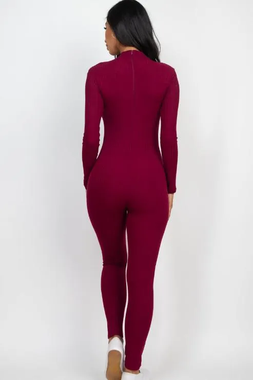 Ribbed Mock Neck Long Sleeve Casual Jumpsuit