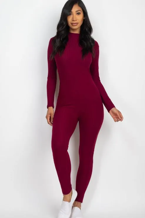 Ribbed Mock Neck Long Sleeve Casual Jumpsuit