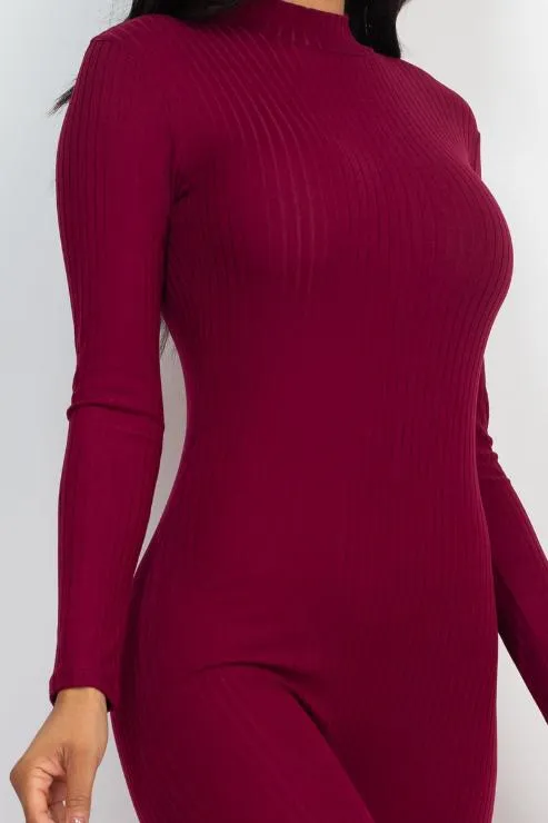 Ribbed Mock Neck Long Sleeve Casual Jumpsuit