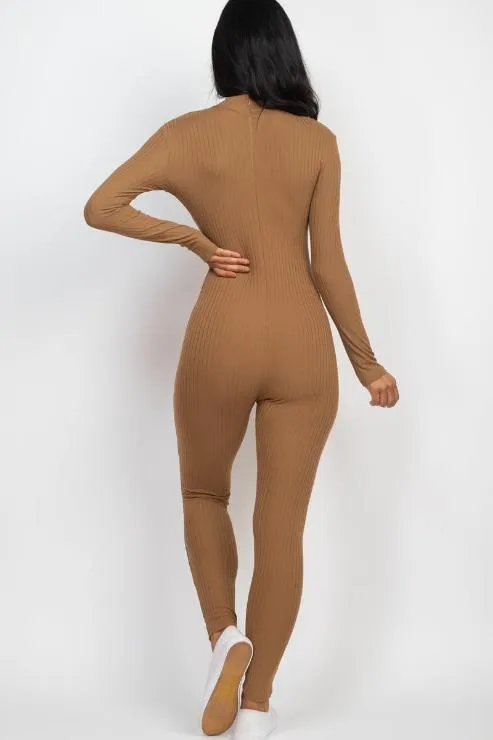 Ribbed Mock Neck Long Sleeve Casual Jumpsuit