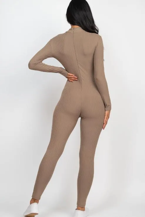 Ribbed Mock Neck Long Sleeve Casual Jumpsuit