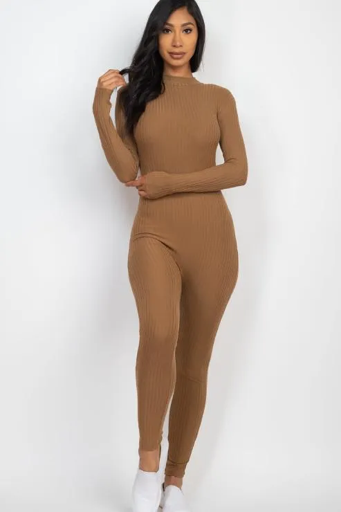Ribbed Mock Neck Long Sleeve Casual Jumpsuit