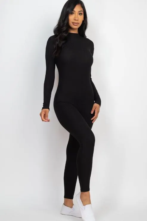 Ribbed Mock Neck Long Sleeve Casual Jumpsuit
