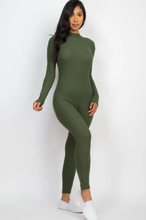 Ribbed Mock Neck Long Sleeve Casual Jumpsuit