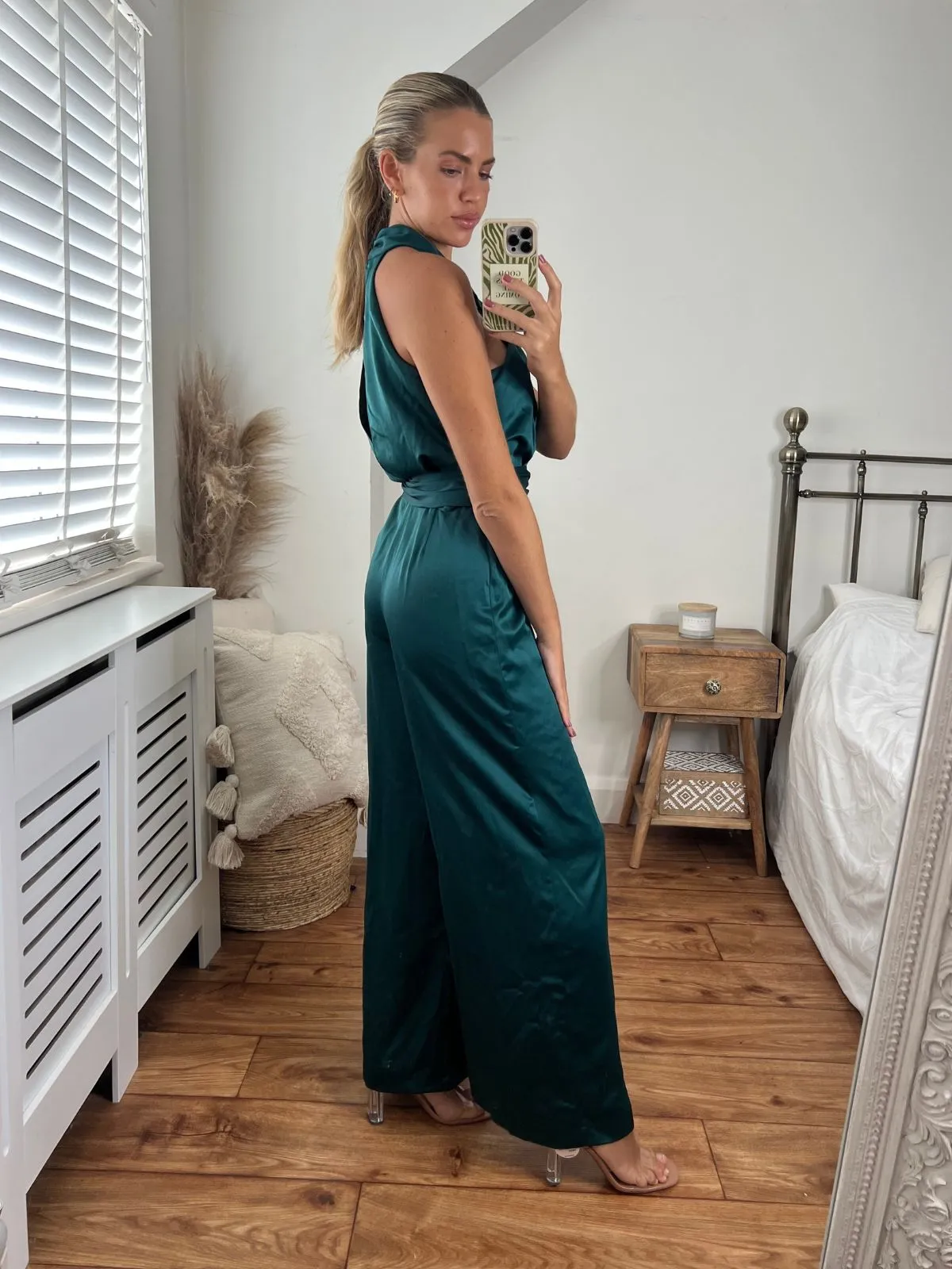 Romy Satin Halter Jumpsuit / Green