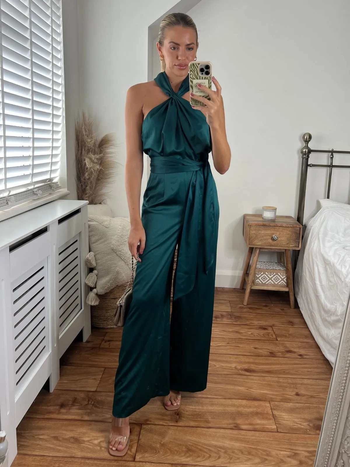 Romy Satin Halter Jumpsuit / Green