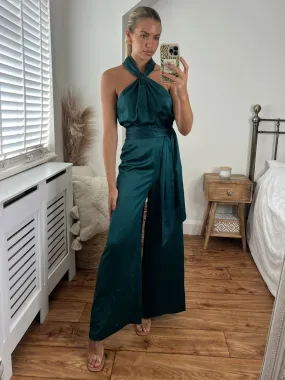 Romy Satin Halter Jumpsuit / Green