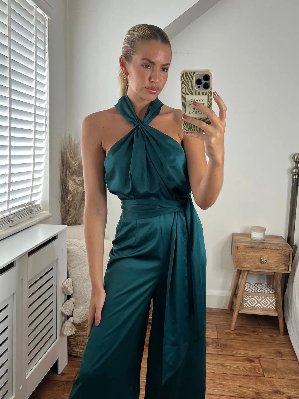 Romy Satin Halter Jumpsuit / Green