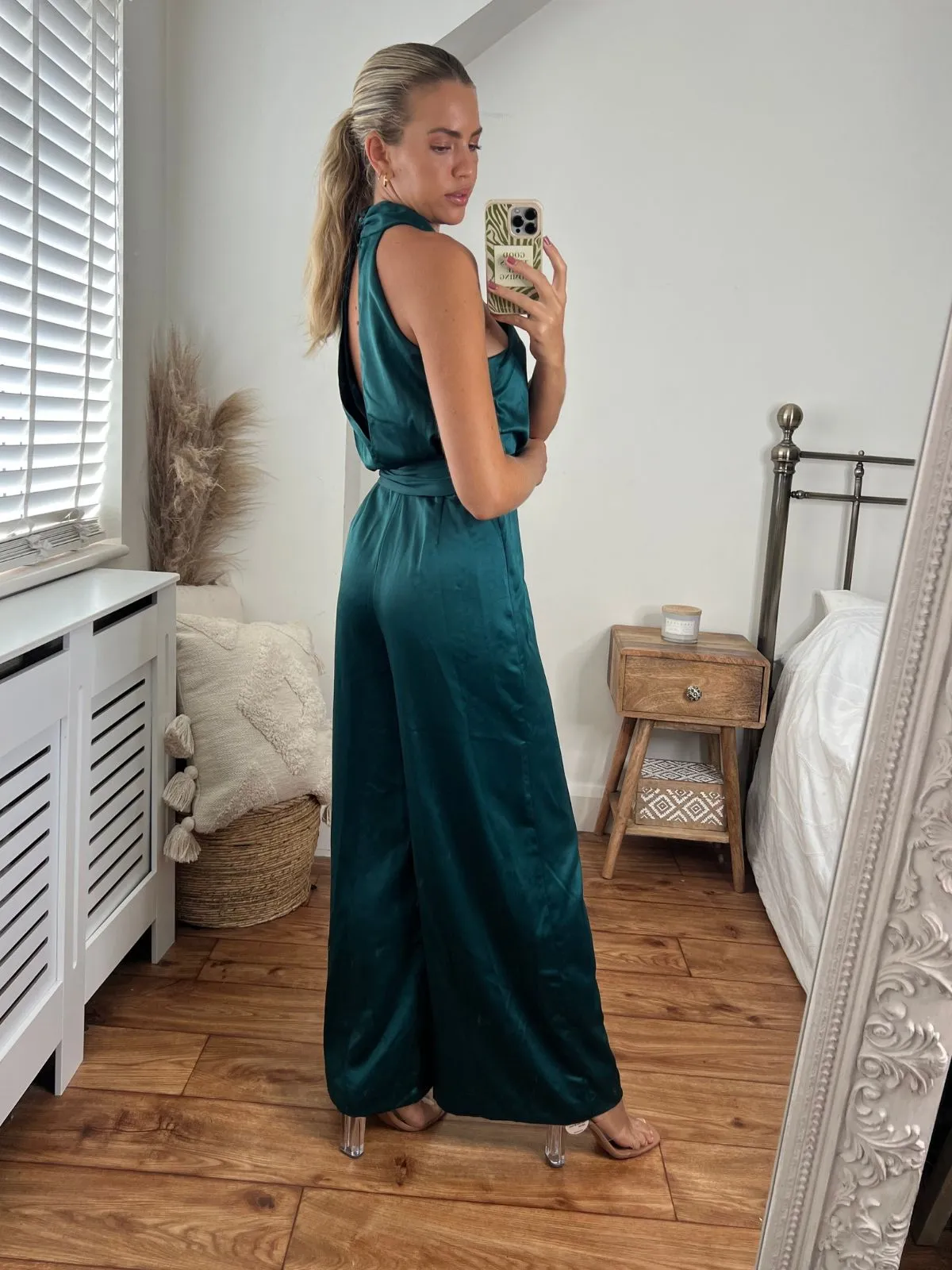 Romy Satin Halter Jumpsuit / Green