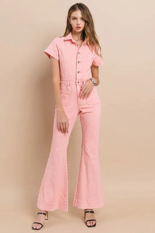 Rose Petite Acid Washed Denim Flared Jumpsuit