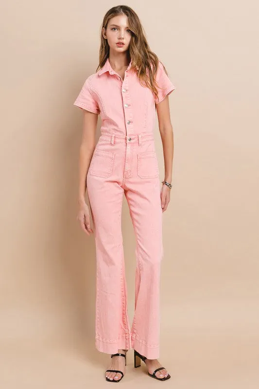 Rose Petite Acid Washed Denim Flared Jumpsuit
