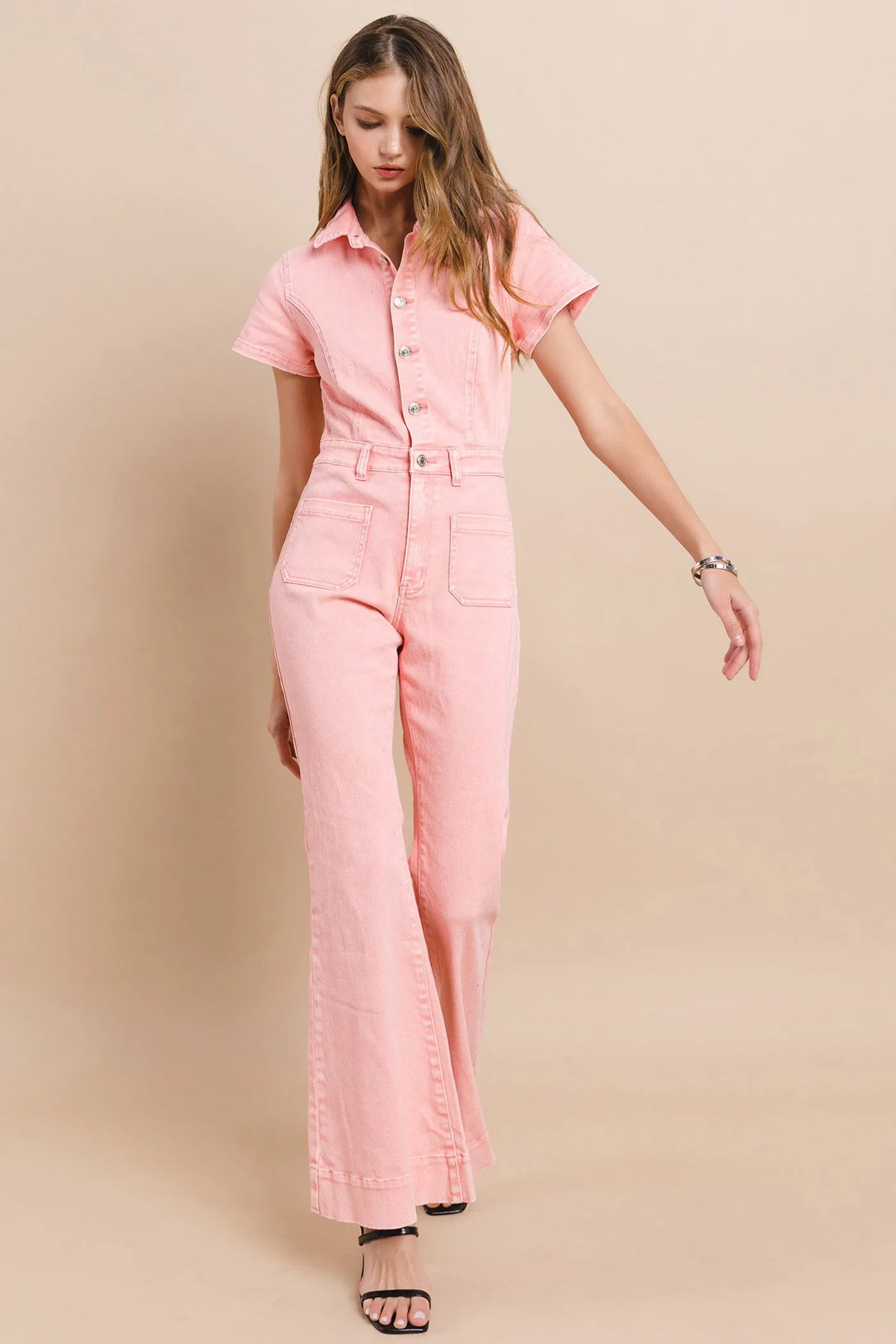 Rose Petite Acid Washed Denim Flared Jumpsuit