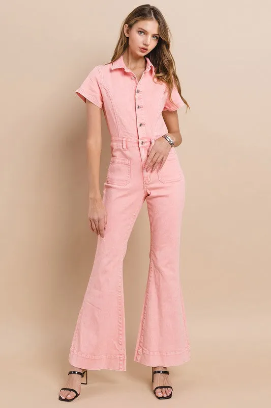 Rose Petite Acid Washed Denim Flared Jumpsuit