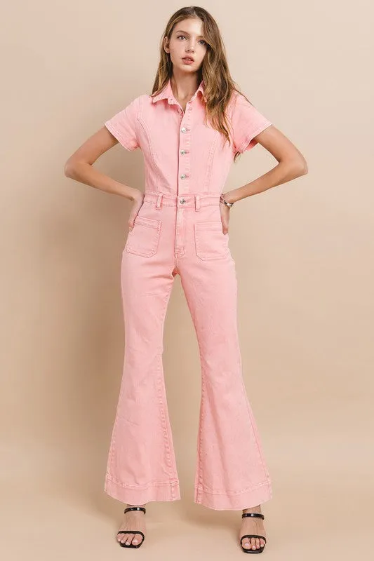 Rose Petite Acid Washed Denim Flared Jumpsuit