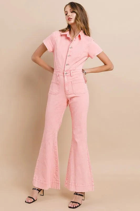 Rose Petite Acid Washed Denim Flared Jumpsuit