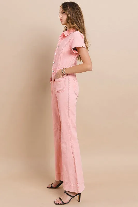 Rose Petite Acid Washed Denim Flared Jumpsuit