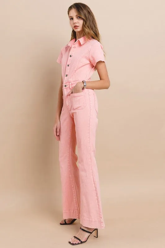 Rose Petite Acid Washed Denim Flared Jumpsuit