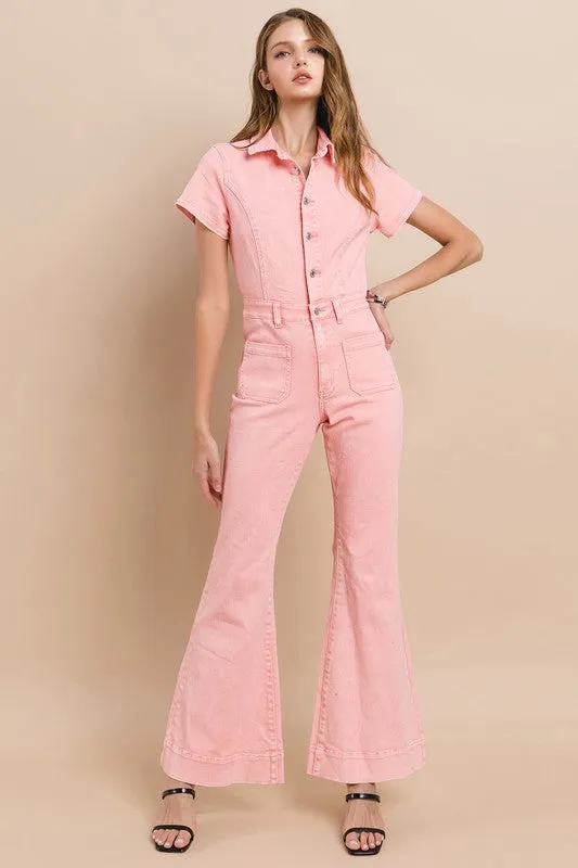Rose Petite Acid Washed Denim Flared Jumpsuit