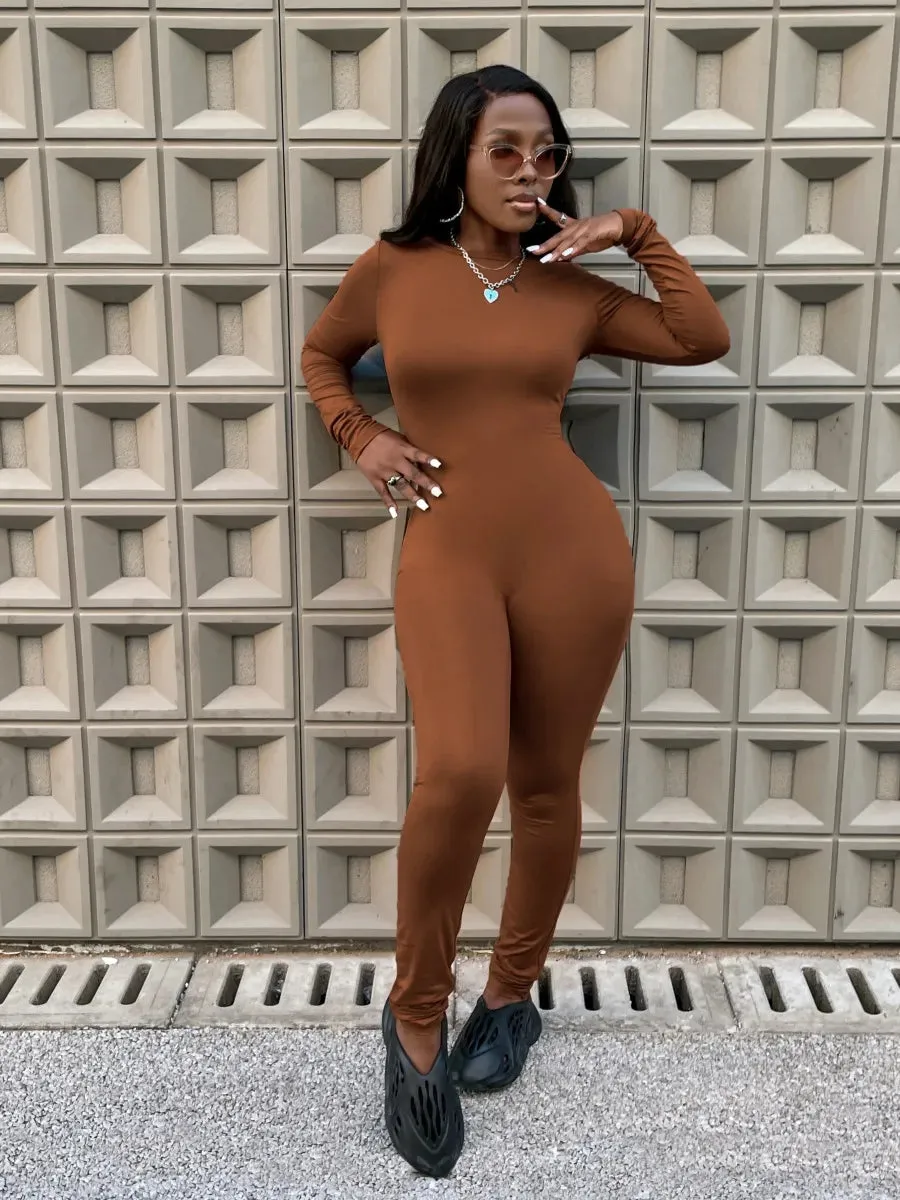 Round Neck Skinny Basic Solid  Body-shaping Stretchy Jumpsuit