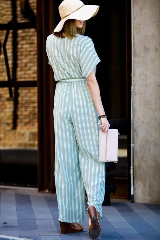 Sage Stripes Surplice With Belt Jumpsuit