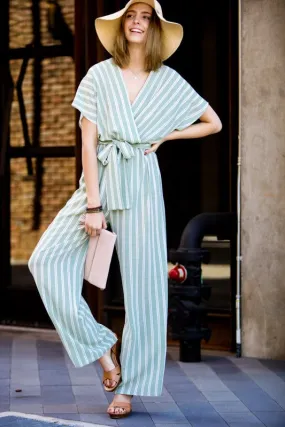 Sage Stripes Surplice With Belt Jumpsuit