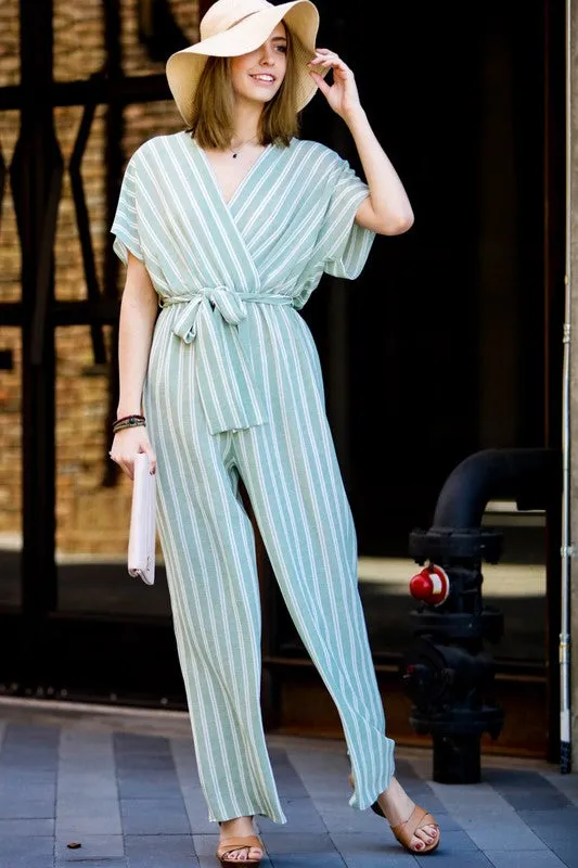 Sage Stripes Surplice With Belt Jumpsuit
