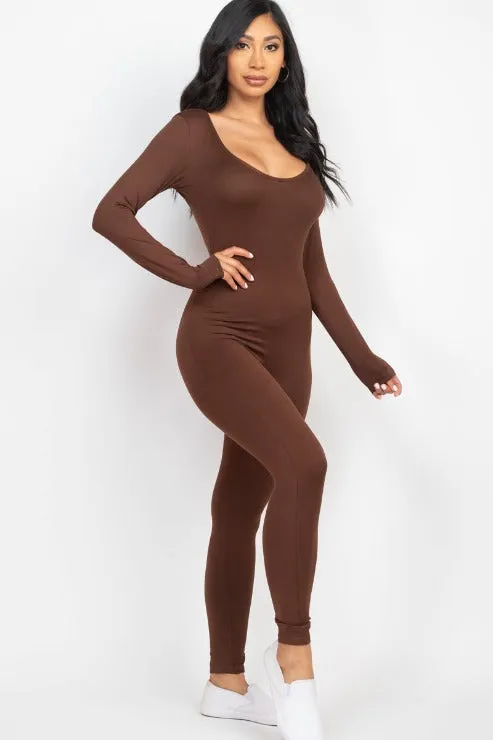 Scoop Neck Long Sleeve Bodycon Jumpsuit