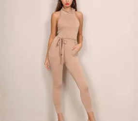 Sexy mock neck bodycon tie waist jumpsuit