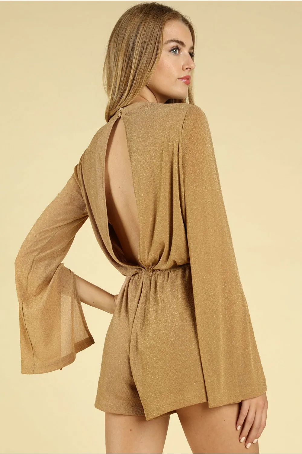 Shimmering Long Sleeve Wrap Romper, Light Brown