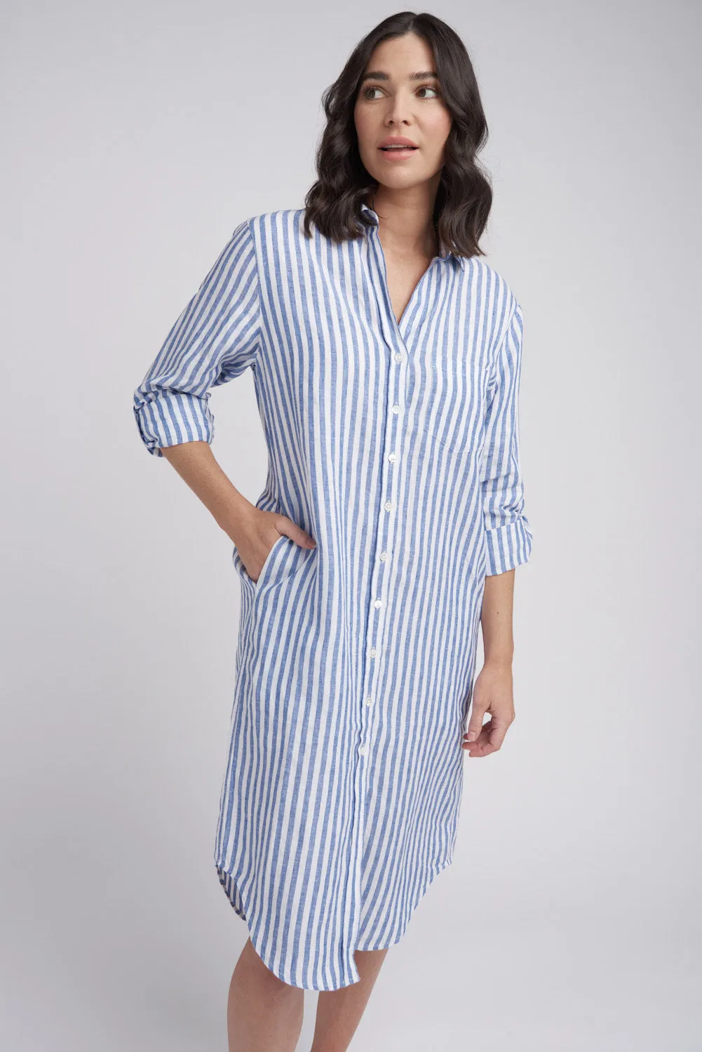 Shirt Maker Stripe Linen Dress Opal/White